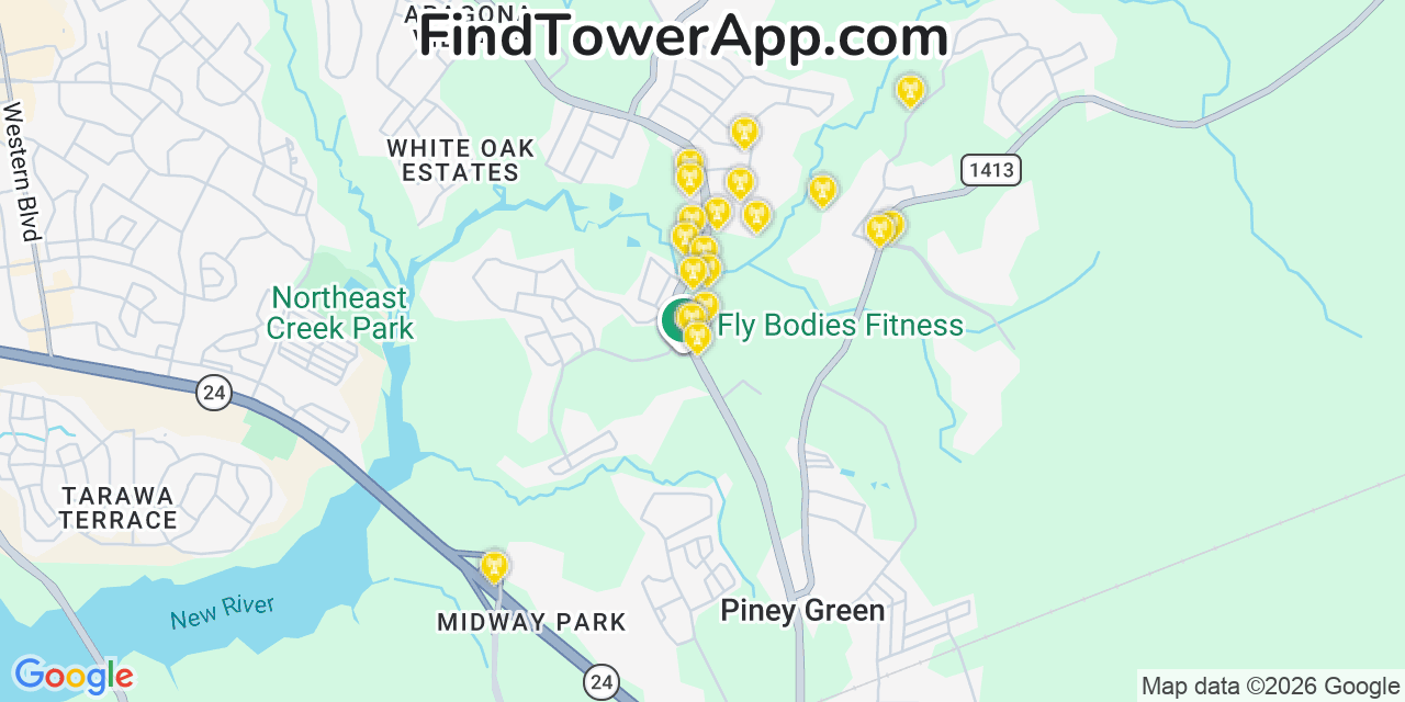 Map showing the 20 primary cell tower locations detected in Piney Green, North Carolina from AT&T, Verizon, and T-Mobile networks