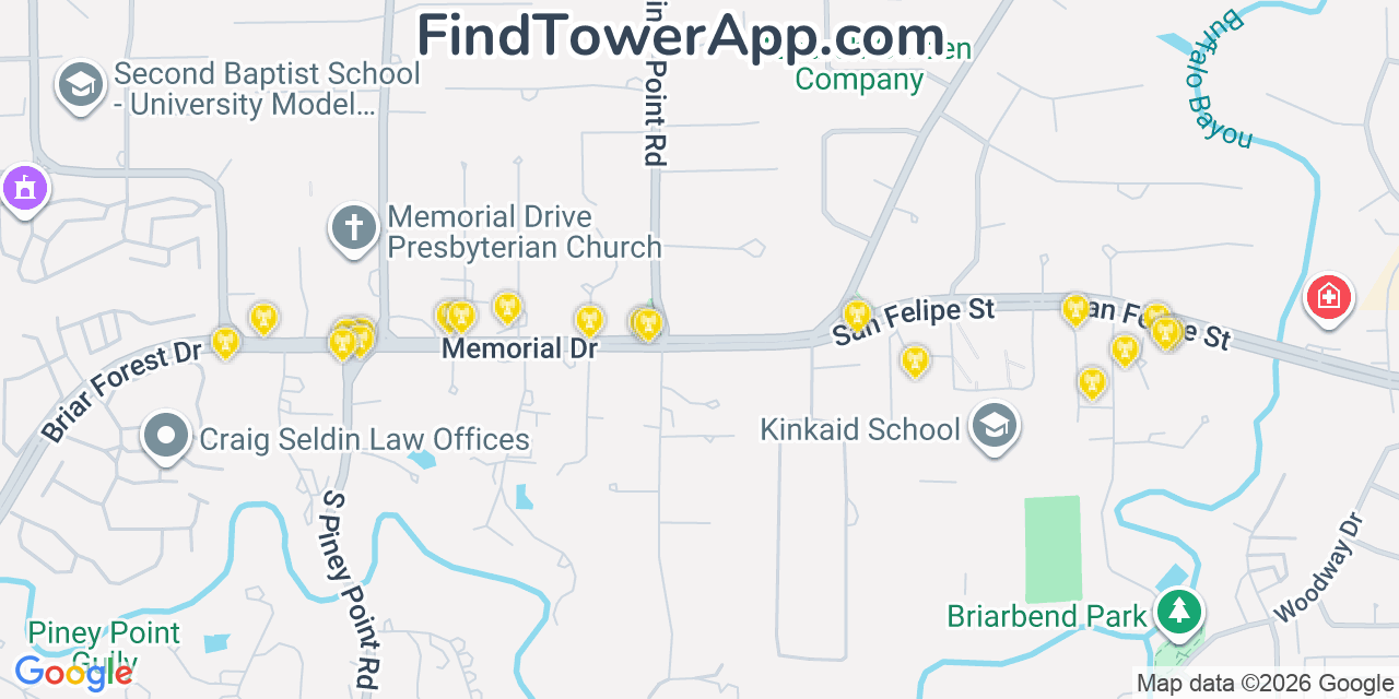 Map showing the 20 primary cell tower locations detected in Piney Point Village, Texas from AT&T, Verizon, and T-Mobile networks