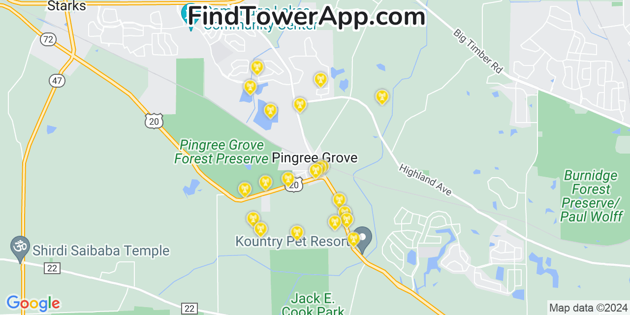 AT&T 4G/5G cell tower coverage map Pingree Grove, Illinois