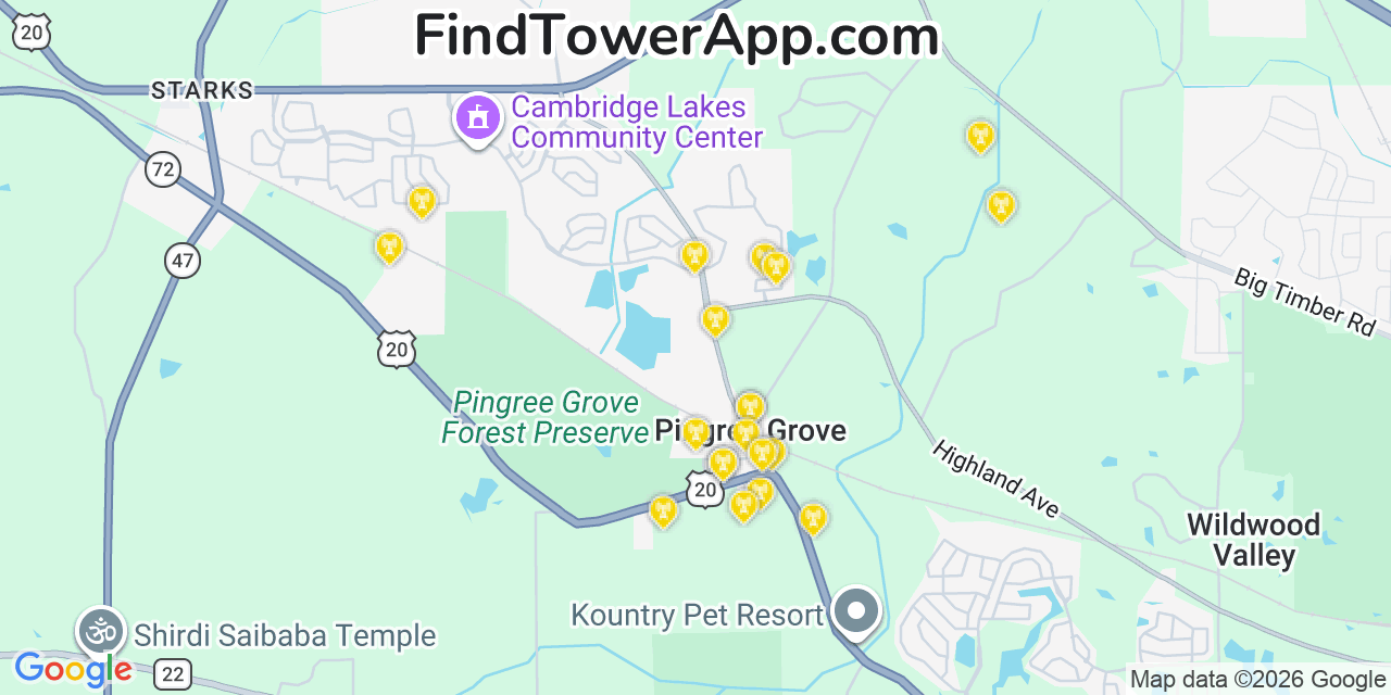 Map showing the 20 primary cell tower locations detected in Pingree Grove, Illinois from AT&T, Verizon, and T-Mobile networks