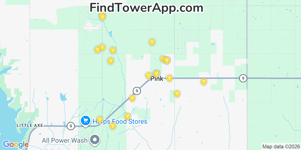 Map showing the 20 primary cell tower locations detected in Pink, Oklahoma from AT&T, Verizon, and T-Mobile networks