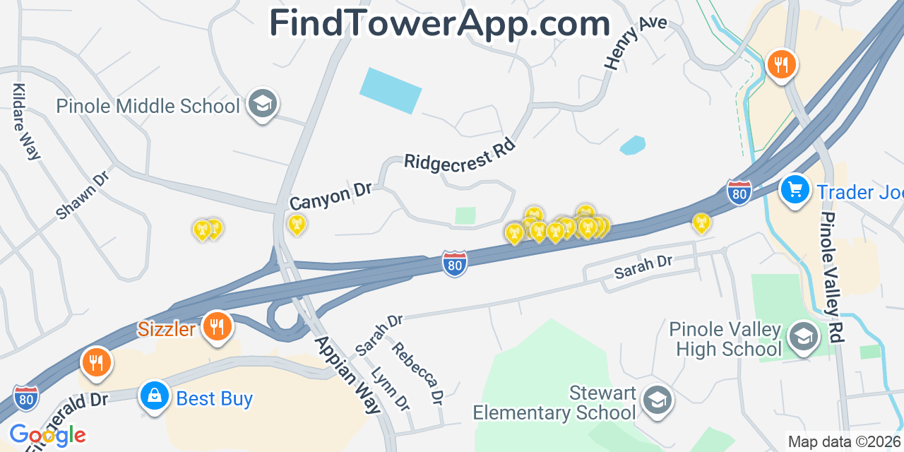 Map showing the 20 primary cell tower locations detected in Pinole, California from AT&T, Verizon, and T-Mobile networks