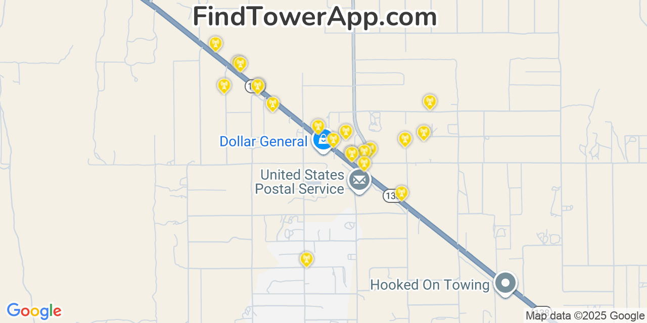 Map showing the 20 primary AT&T cell tower locations detected in Piñon Hills, California with coverage radius and signal strength indicators