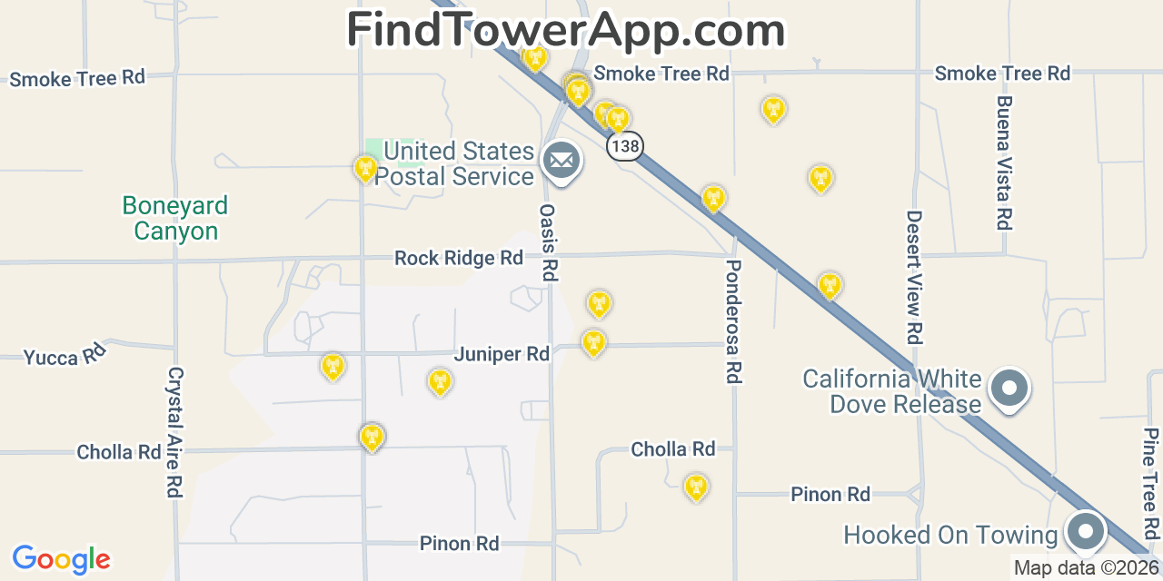 Map showing the 20 primary cell tower locations detected in Piñon Hills, California from AT&T, Verizon, and T-Mobile networks