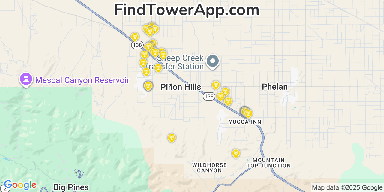 Map showing the 37 primary T-Mobile cell tower locations detected in Piñon Hills, California with coverage radius and signal strength indicators
