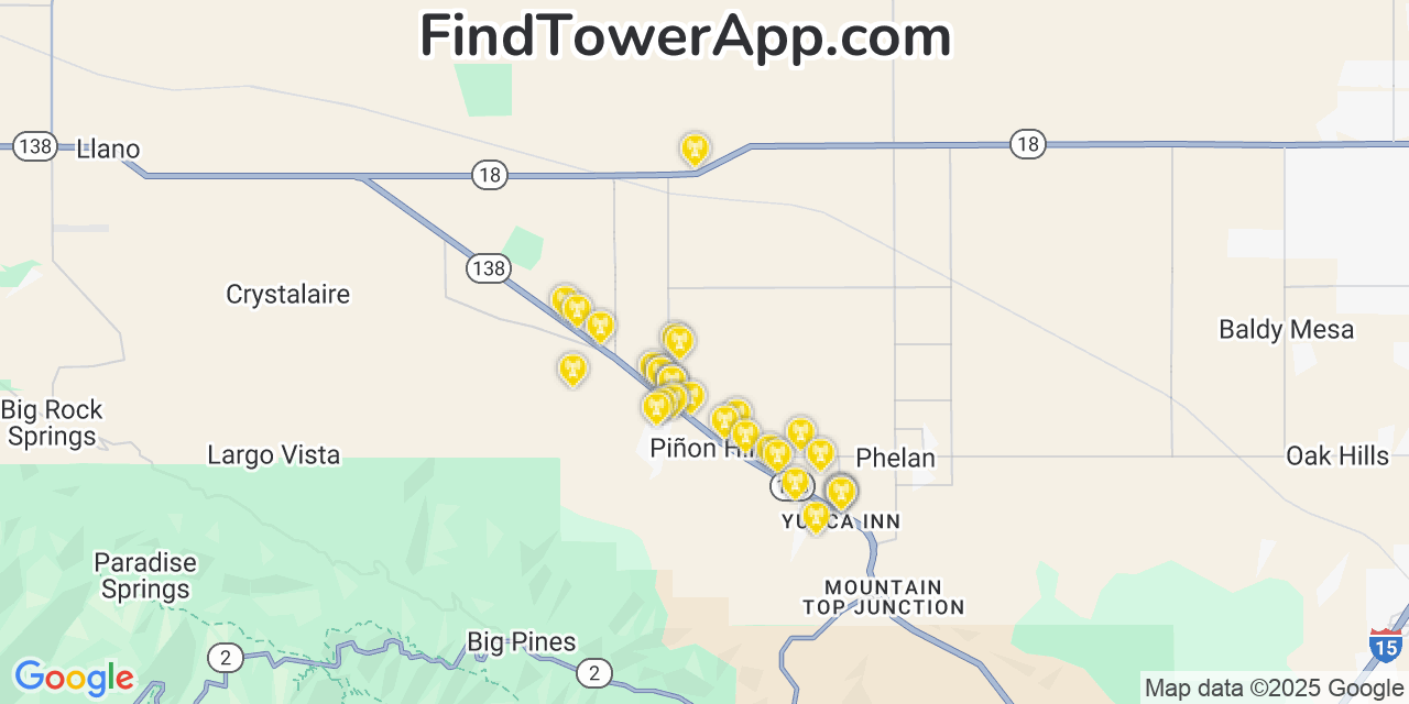 Map showing the 31 primary Verizon cell tower locations detected in Piñon Hills, California with coverage radius and signal strength indicators