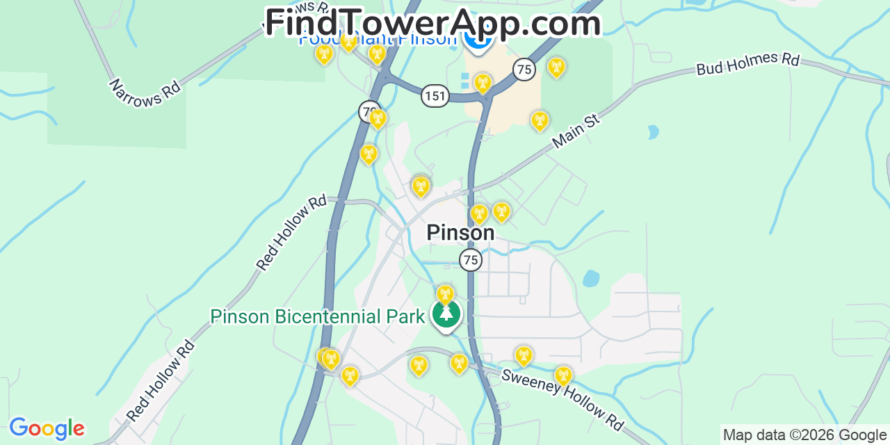 Map showing the 20 primary cell tower locations detected in Pinson, Alabama from AT&T, Verizon, and T-Mobile networks