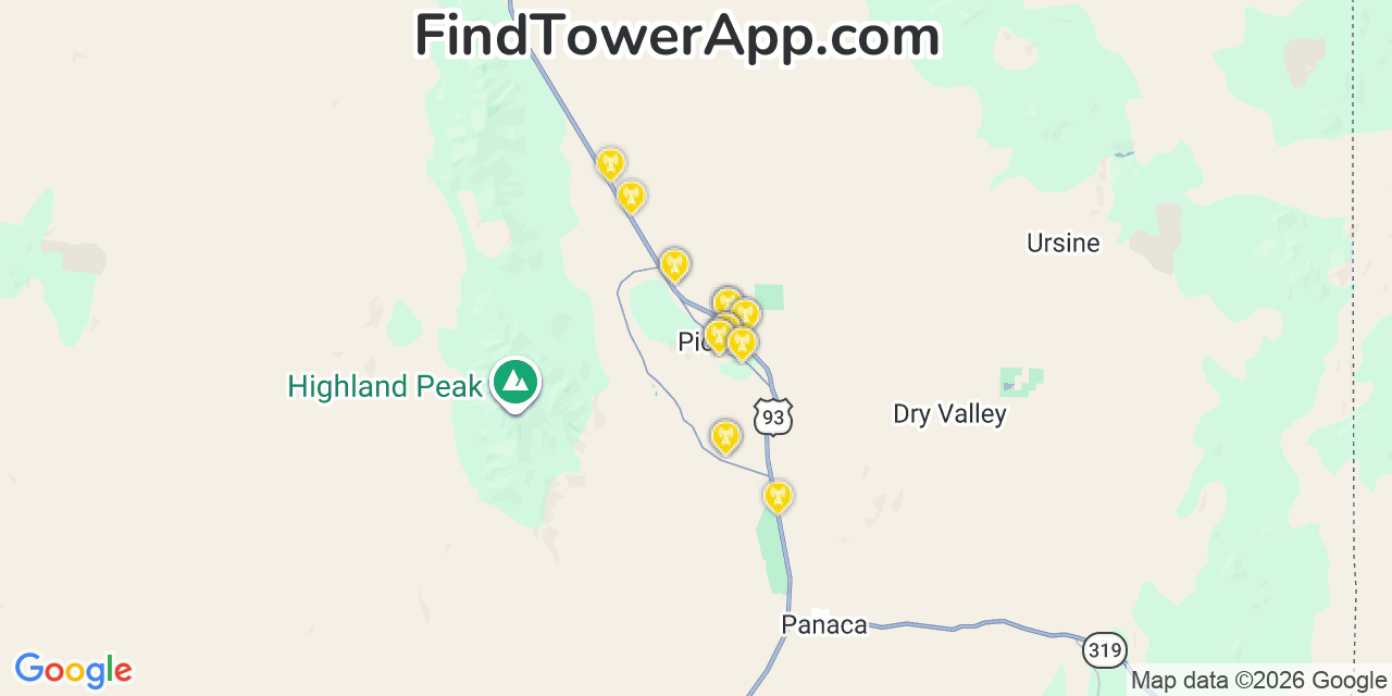 Map showing the 20 primary cell tower locations detected in Pioche, Nevada from AT&T, Verizon, and T-Mobile networks