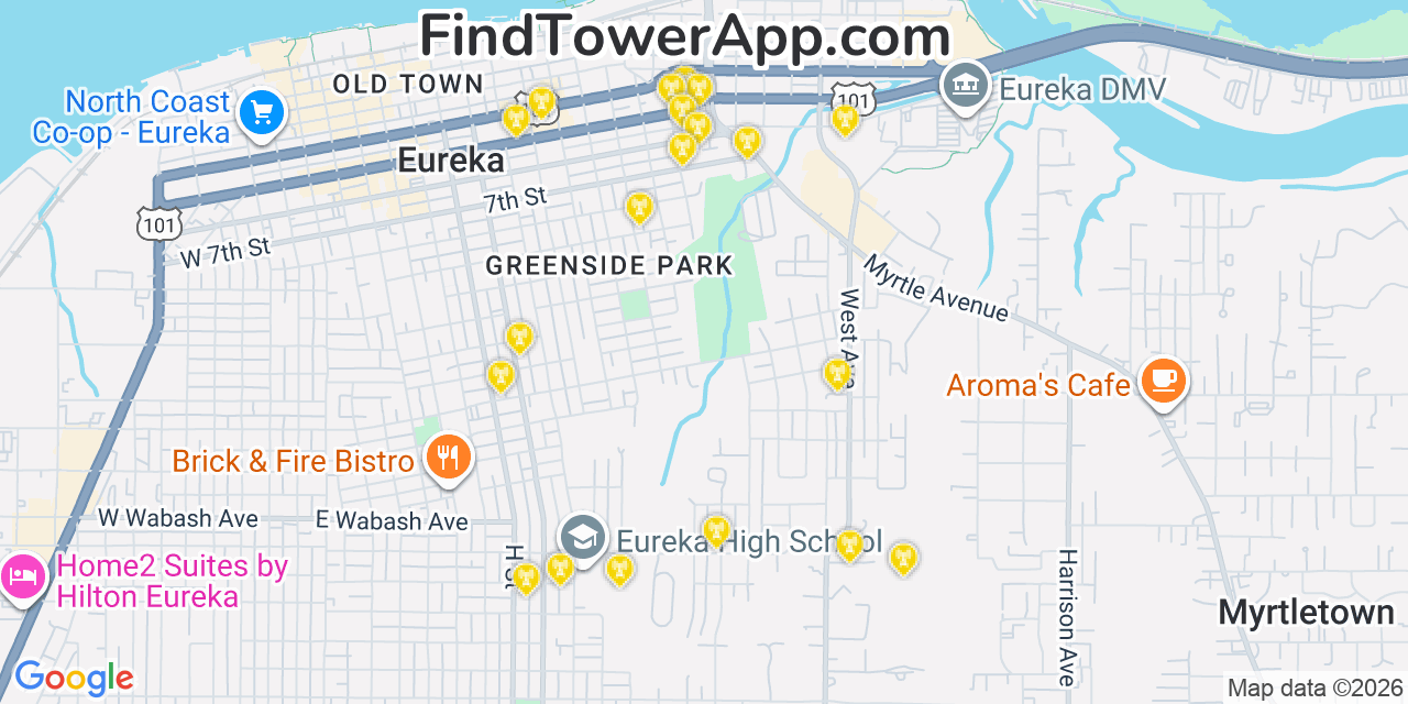 Map showing the 20 primary AT&T cell tower locations detected in Pion Hills, California with coverage radius and signal strength indicators