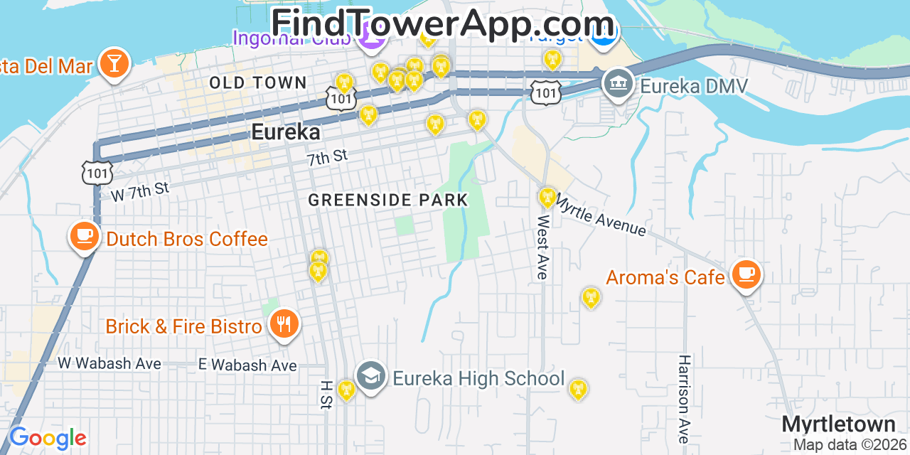 Map showing the 20 primary cell tower locations detected in Pion Hills, California from AT&T, Verizon, and T-Mobile networks