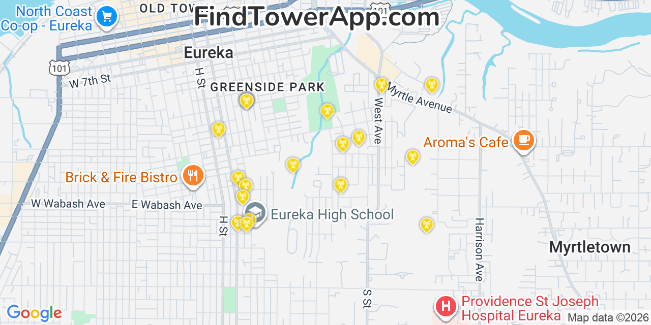 Map showing the 20 primary T-Mobile cell tower locations detected in Pion Hills, California with coverage radius and signal strength indicators