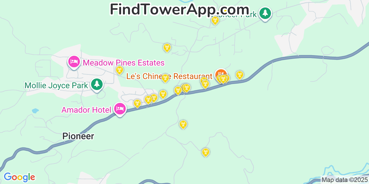 Map showing the 20 primary cell tower locations detected in Pioneer, California from AT&T, Verizon, and T-Mobile networks