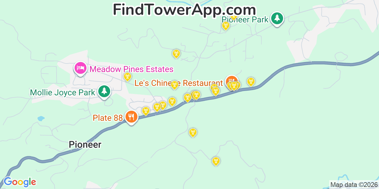 Map showing the 20 primary cell tower locations detected in Pioneer, California from AT&T, Verizon, and T-Mobile networks