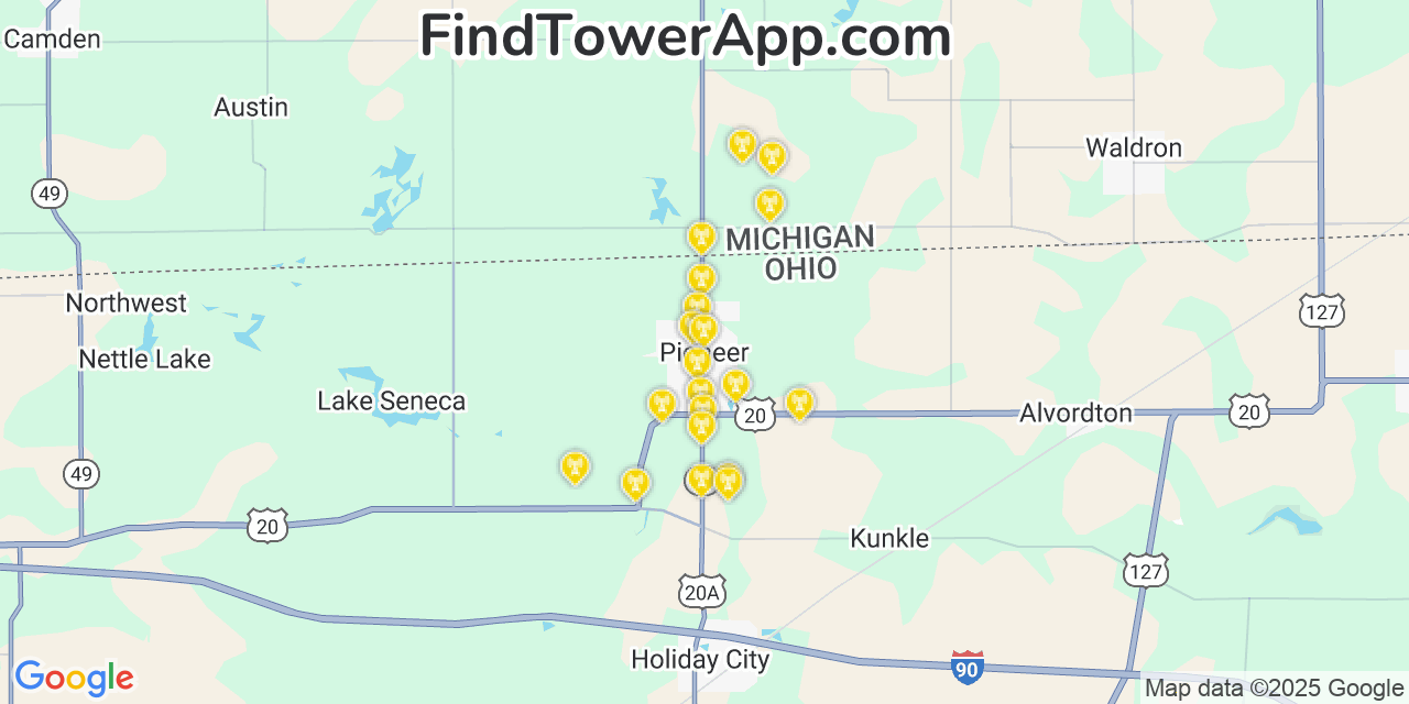Map showing the 20 primary cell tower locations detected in Pioneer, Ohio from AT&T, Verizon, and T-Mobile networks