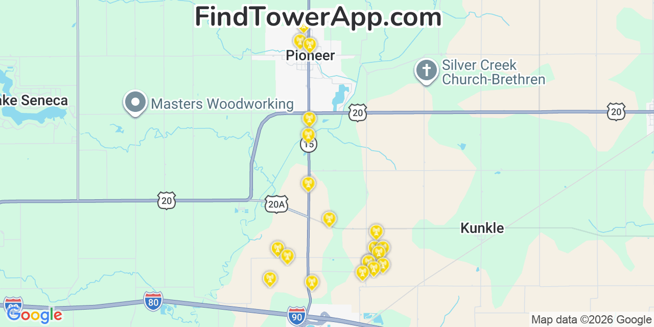 Map showing the 20 primary cell tower locations detected in Pioneer, Ohio from AT&T, Verizon, and T-Mobile networks