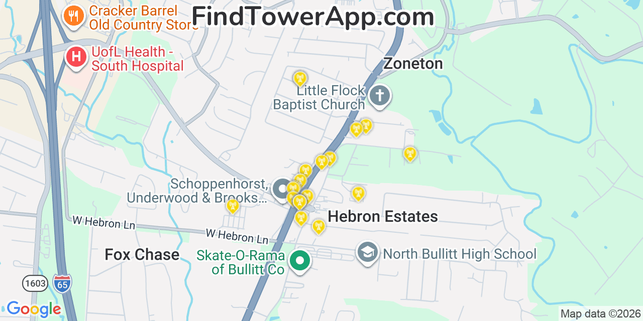 Map showing the 20 primary cell tower locations detected in Pioneer Village, Kentucky from AT&T, Verizon, and T-Mobile networks