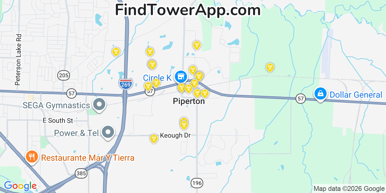 Map showing the 20 primary cell tower locations detected in Piperton, Tennessee from AT&T, Verizon, and T-Mobile networks