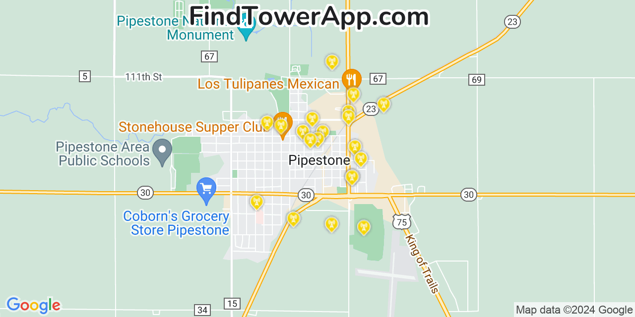 AT&T 4G/5G cell tower coverage map Pipestone, Minnesota