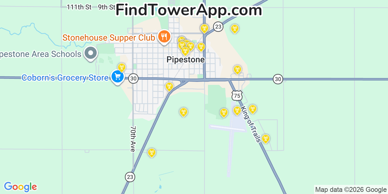 Map showing the 20 primary cell tower locations detected in Pipestone, Minnesota from AT&T, Verizon, and T-Mobile networks