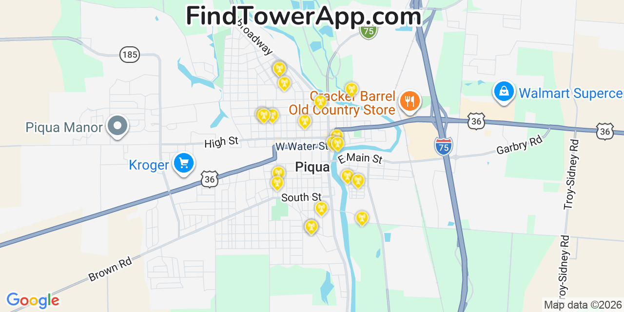 Map showing the 20 primary cell tower locations detected in Piqua, Ohio from AT&T, Verizon, and T-Mobile networks