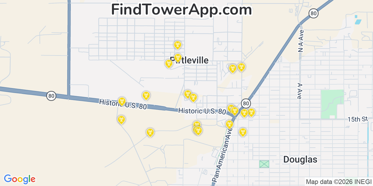 Map showing the 20 primary cell tower locations detected in Pirtleville, Arizona from AT&T, Verizon, and T-Mobile networks