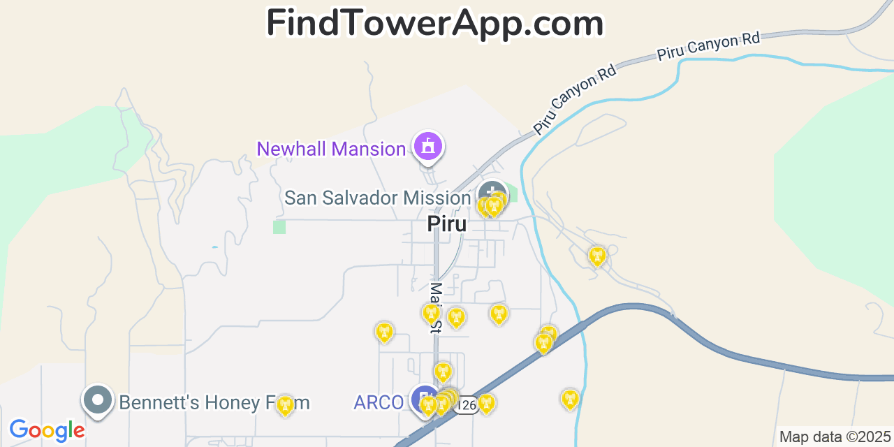 Map showing the 20 primary cell tower locations detected in Piru, California from AT&T, Verizon, and T-Mobile networks