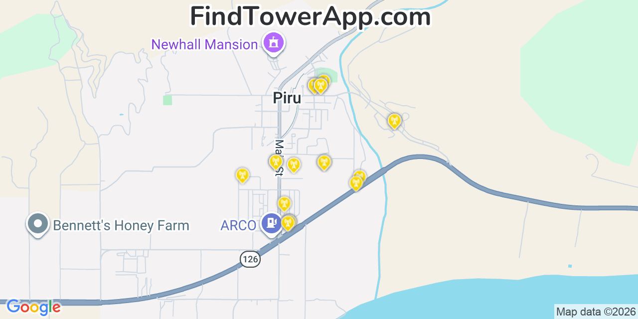 Map showing the 20 primary cell tower locations detected in Piru, California from AT&T, Verizon, and T-Mobile networks