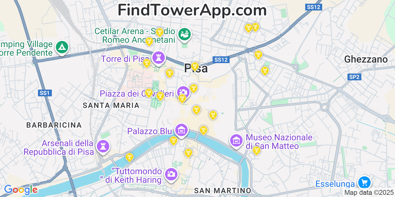 Map showing the 20 primary cell tower locations detected in Pisa, Italy with coverage areas and signal strength