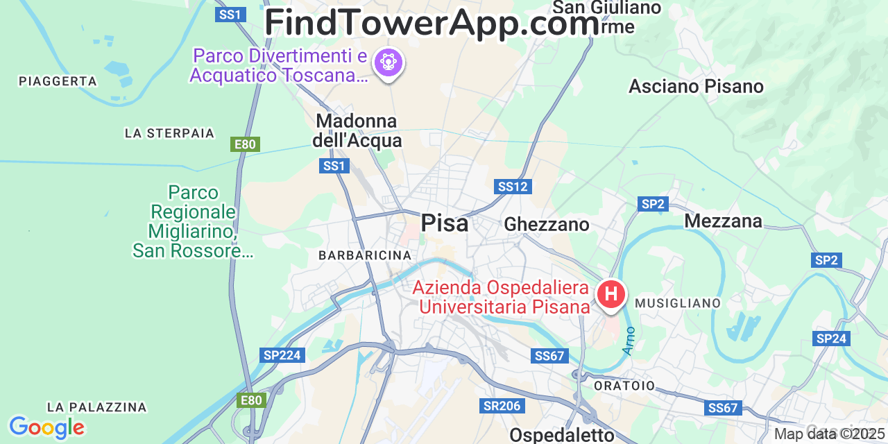 Map showing the 0 primary TIM cell tower locations detected in Pisa, Italy with coverage radius and signal strength indicators