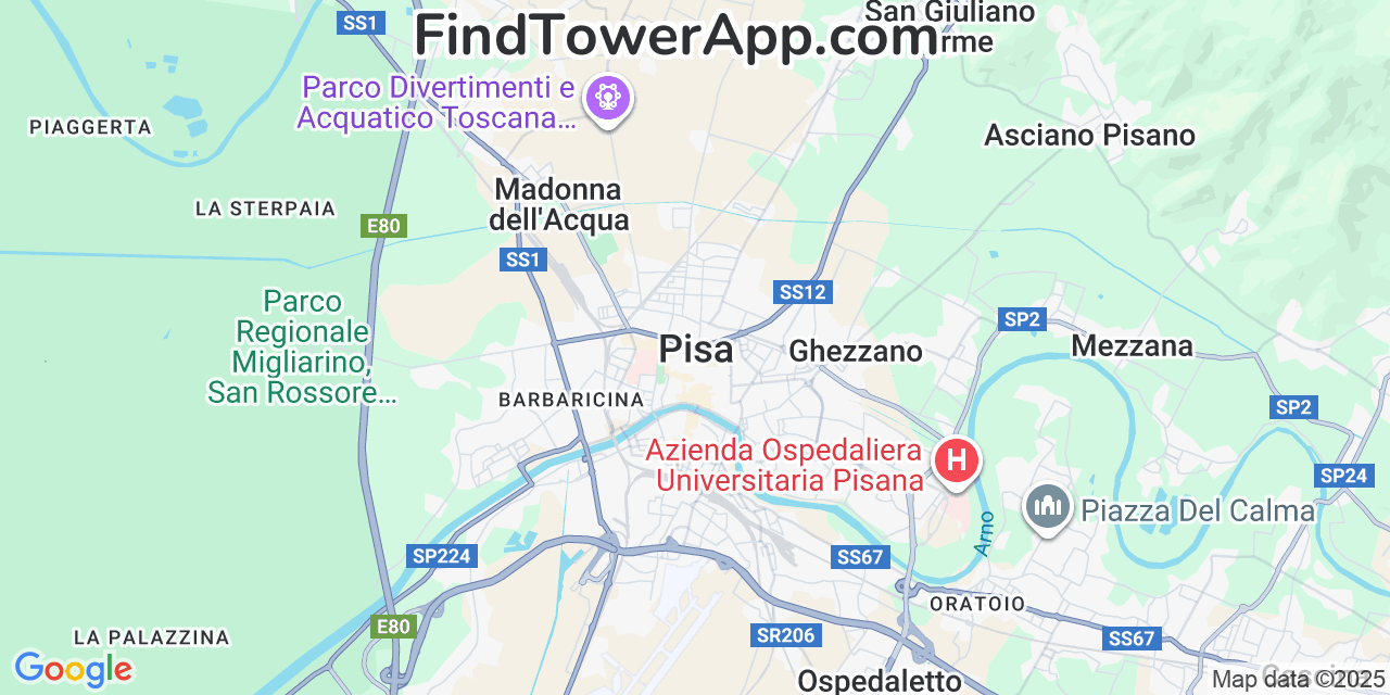 Map showing the 0 primary WindTre cell tower locations detected in Pisa, Italy with coverage radius and signal strength indicators