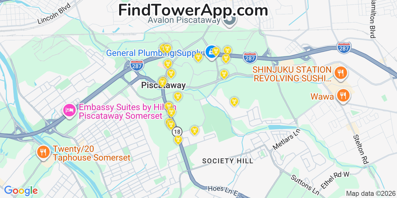 Map showing the 20 primary cell tower locations detected in Piscataway, New Jersey from AT&T, Verizon, and T-Mobile networks