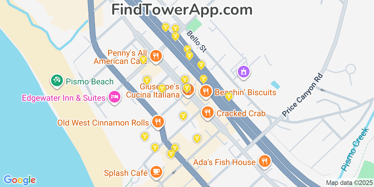 Map showing the 20 primary cell tower locations detected in Pismo Beach, California from AT&T, Verizon, and T-Mobile networks