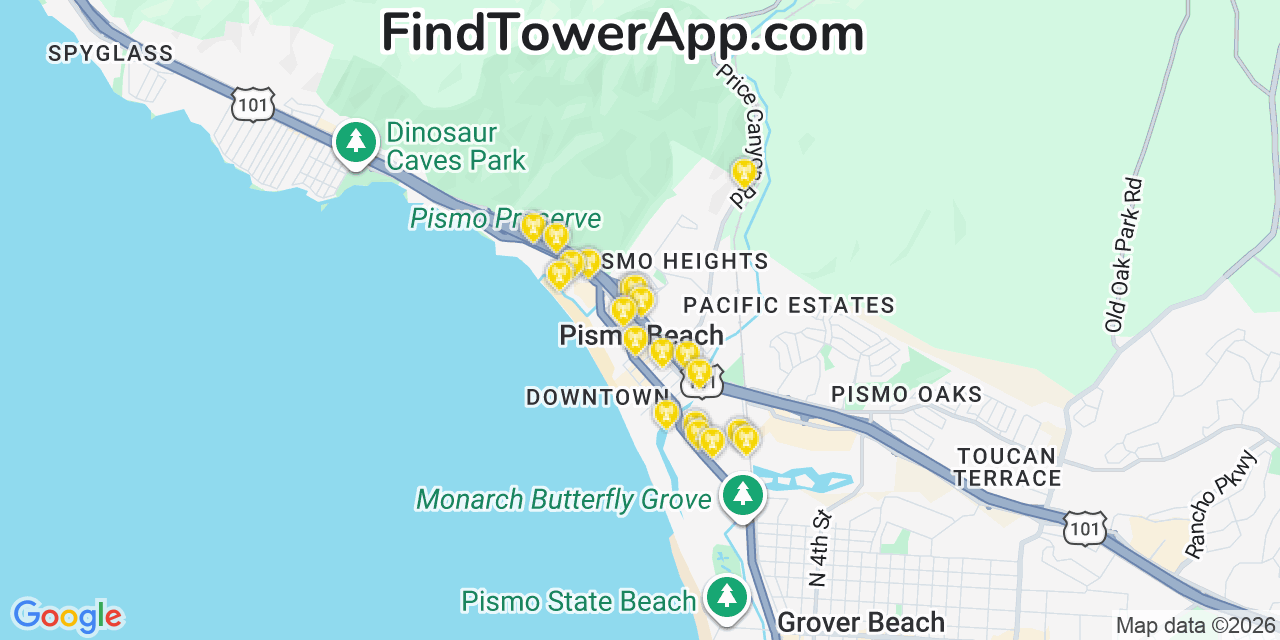 Map showing the 20 primary cell tower locations detected in Pismo Beach, California from AT&T, Verizon, and T-Mobile networks
