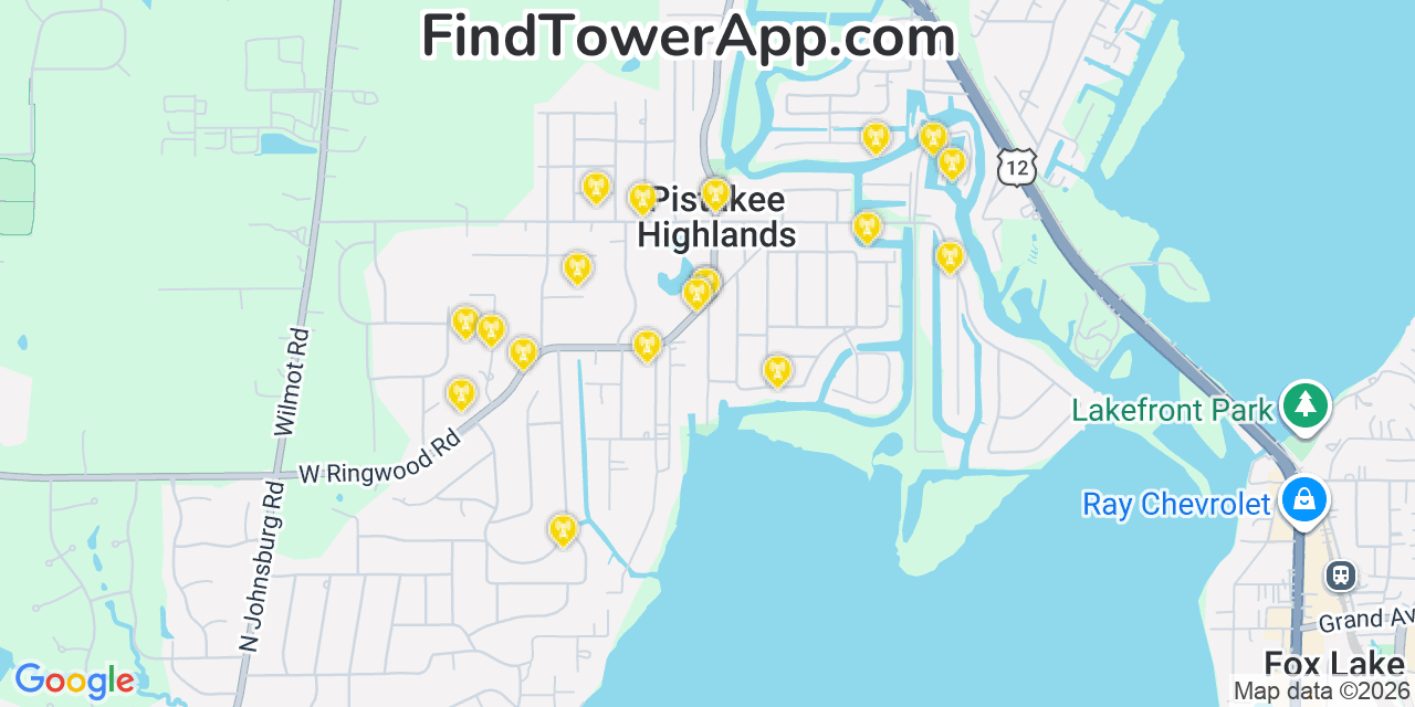 Map showing the 20 primary cell tower locations detected in Pistakee Highlands, Illinois from AT&T, Verizon, and T-Mobile networks