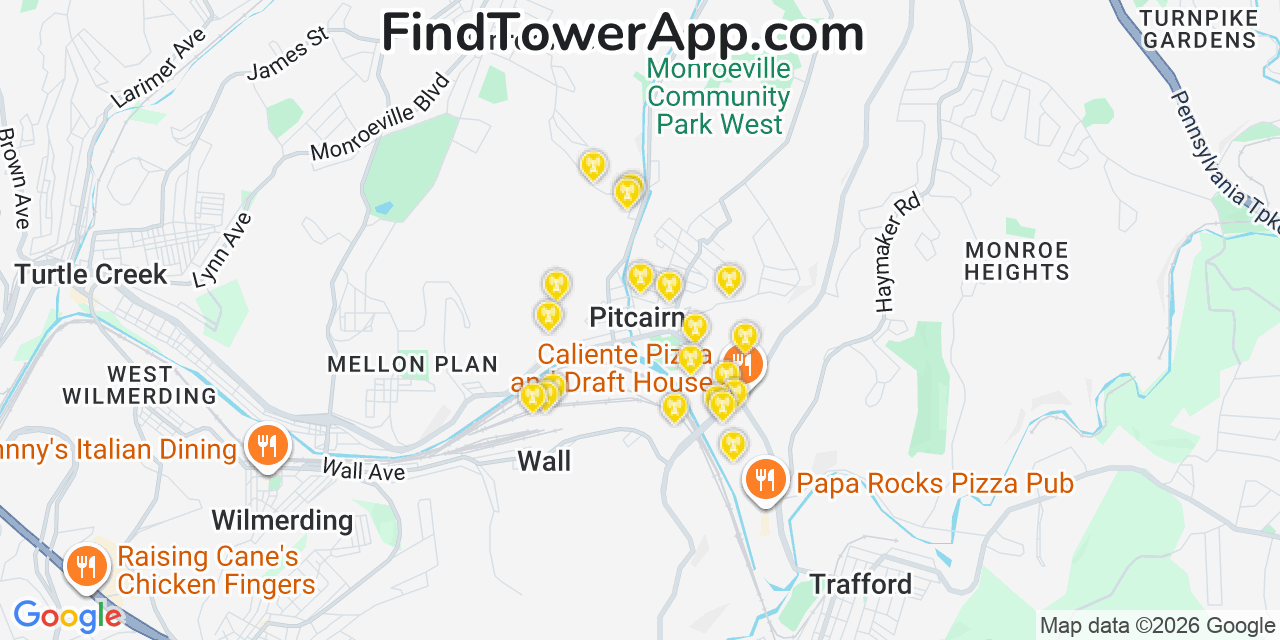Map showing the 20 primary cell tower locations detected in Pitcairn, Pennsylvania from AT&T, Verizon, and T-Mobile networks