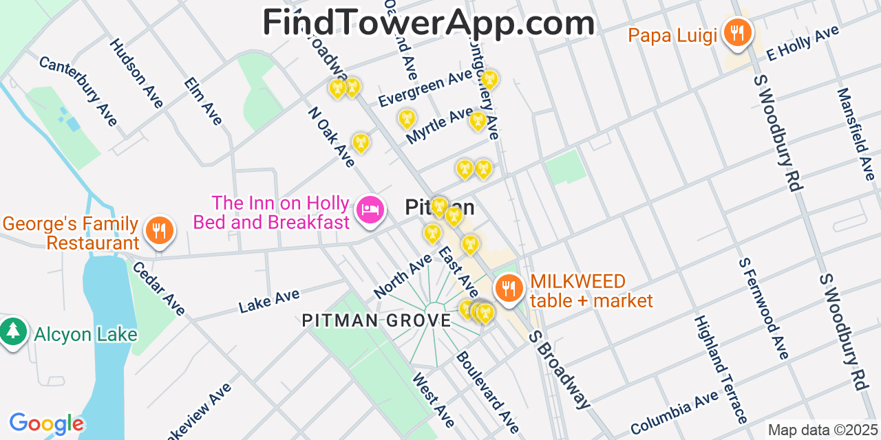 Map showing the 20 primary cell tower locations detected in Pitman, New Jersey from AT&T, Verizon, and T-Mobile networks