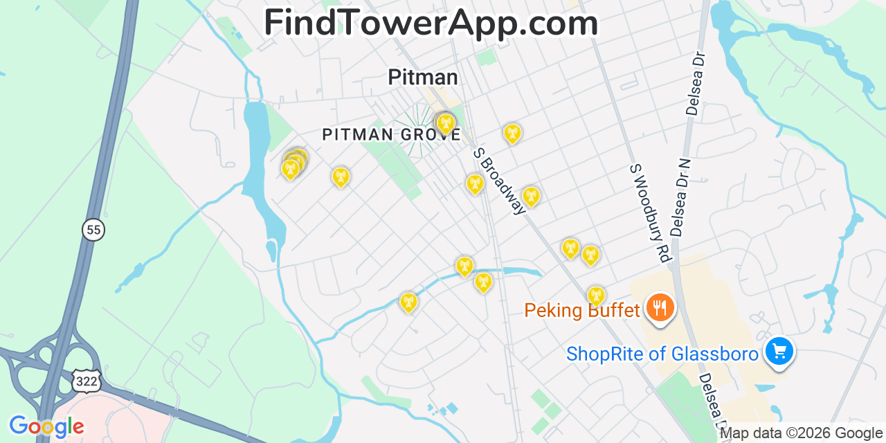 Map showing the 20 primary cell tower locations detected in Pitman, New Jersey from AT&T, Verizon, and T-Mobile networks