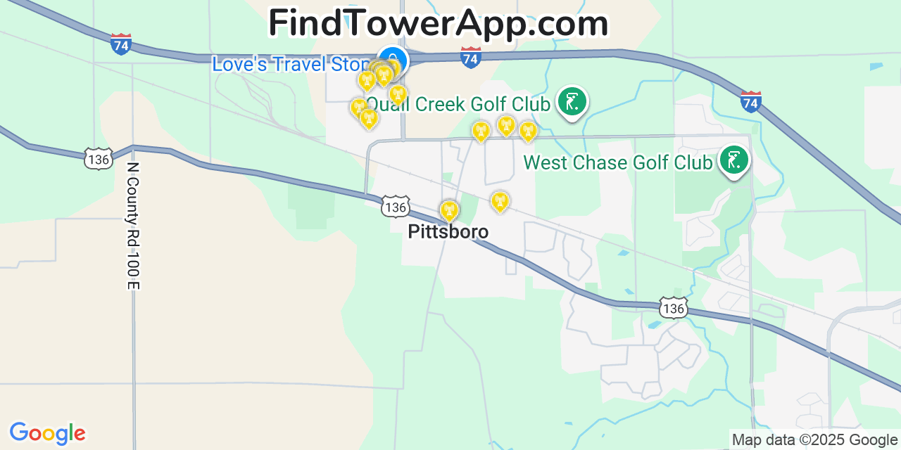Map showing the 20 primary cell tower locations detected in Pittsboro, Indiana from AT&T, Verizon, and T-Mobile networks