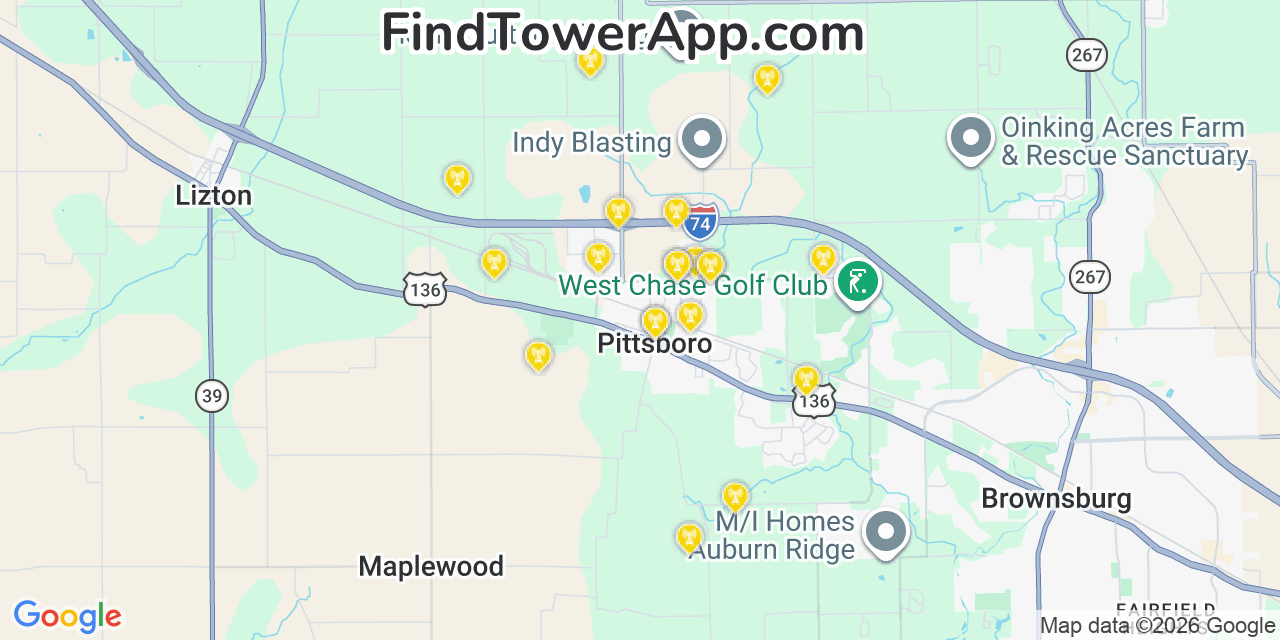 Map showing the 20 primary cell tower locations detected in Pittsboro, Indiana from AT&T, Verizon, and T-Mobile networks