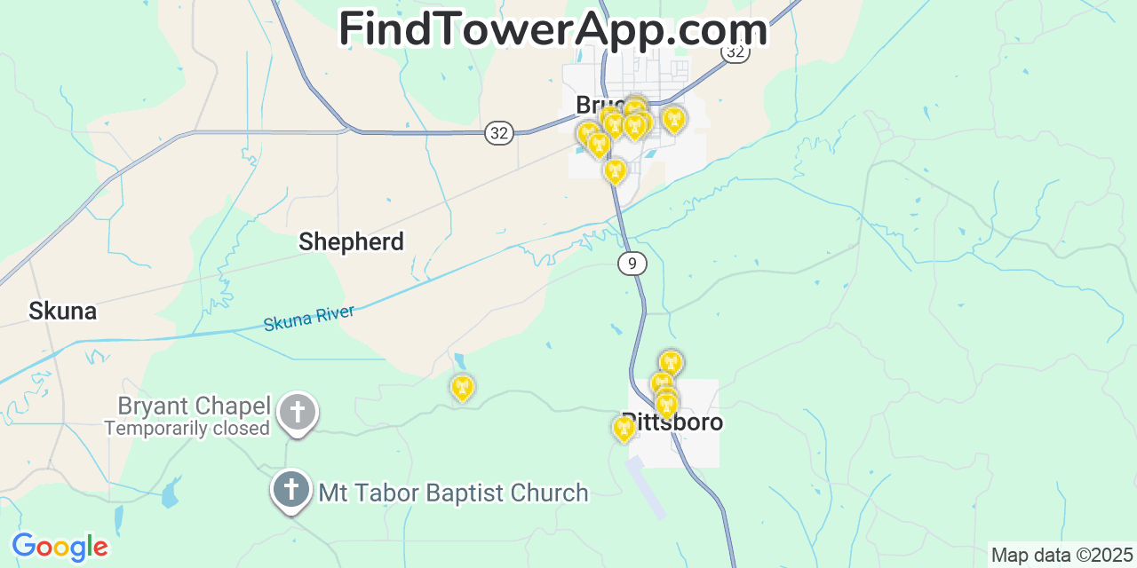 Map showing the 20 primary cell tower locations detected in Pittsboro, Mississippi from AT&T, Verizon, and T-Mobile networks