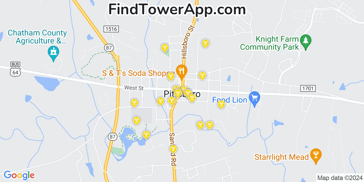 AT&T 4G/5G cell tower coverage map Pittsboro, North Carolina