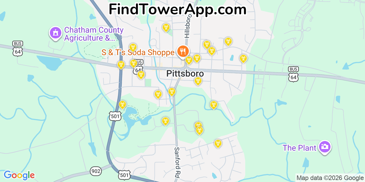 Map showing the 20 primary cell tower locations detected in Pittsboro, North Carolina from AT&T, Verizon, and T-Mobile networks
