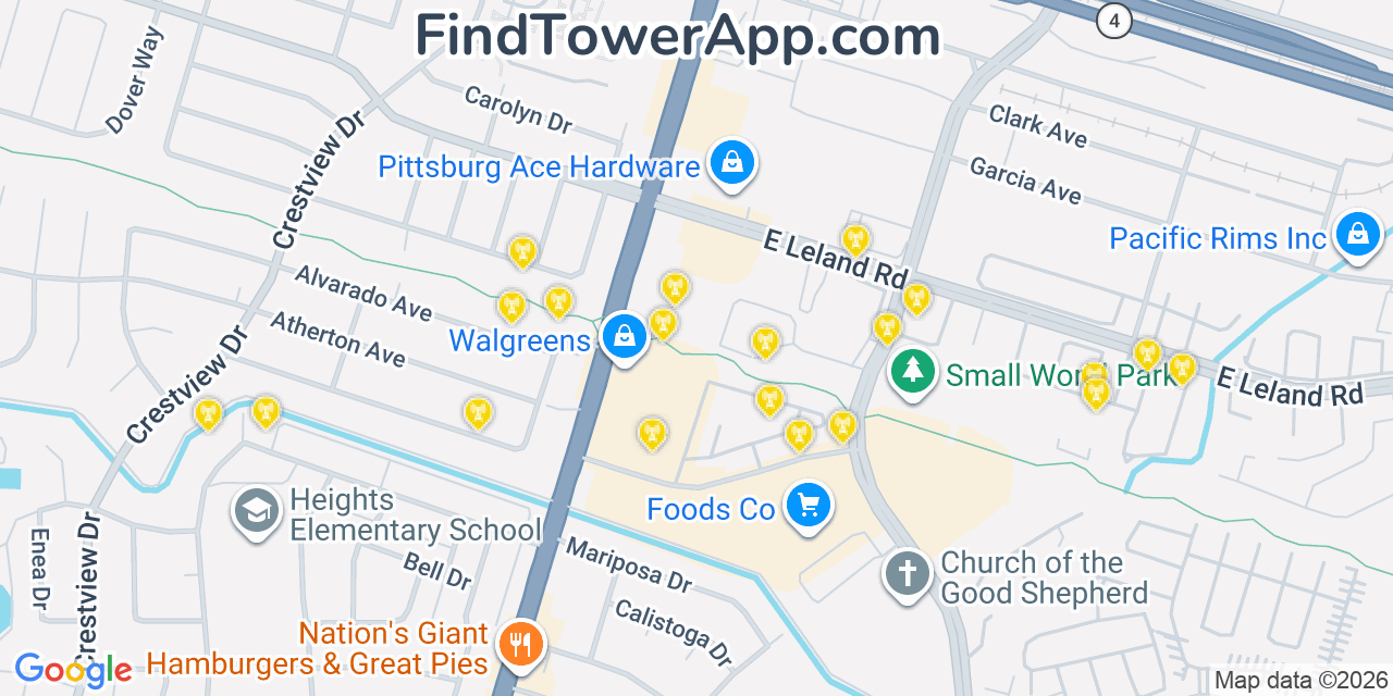 Map showing the 20 primary cell tower locations detected in Pittsburg, California from AT&T, Verizon, and T-Mobile networks
