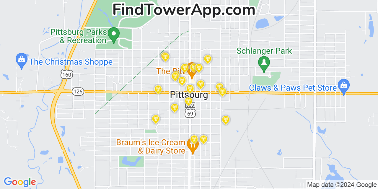 AT&T 4G/5G cell tower coverage map Pittsburg, Kansas