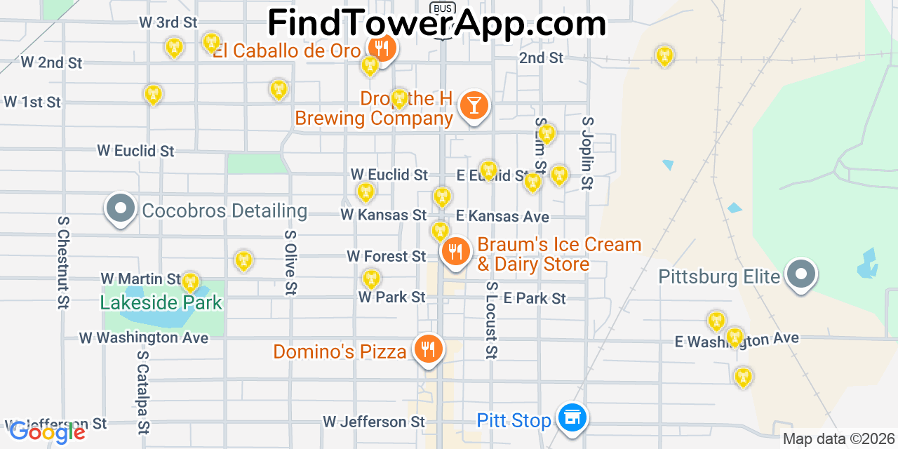 Map showing the 20 primary cell tower locations detected in Pittsburg, Kansas from AT&T, Verizon, and T-Mobile networks