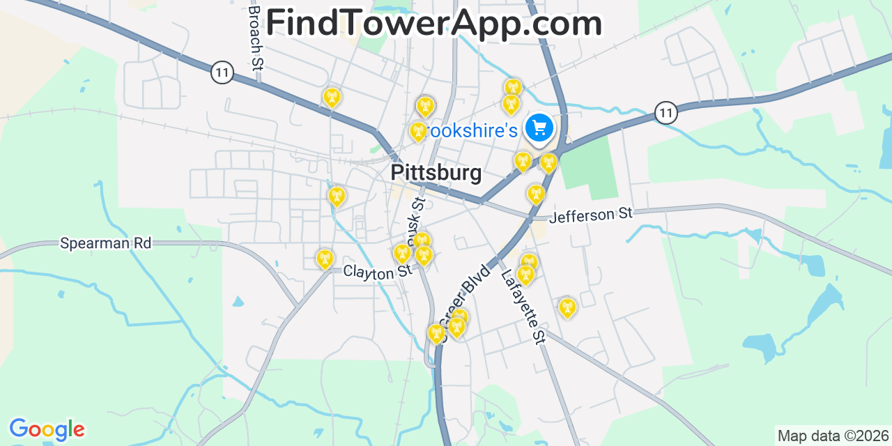 Map showing the 20 primary cell tower locations detected in Pittsburg, Texas from AT&T, Verizon, and T-Mobile networks