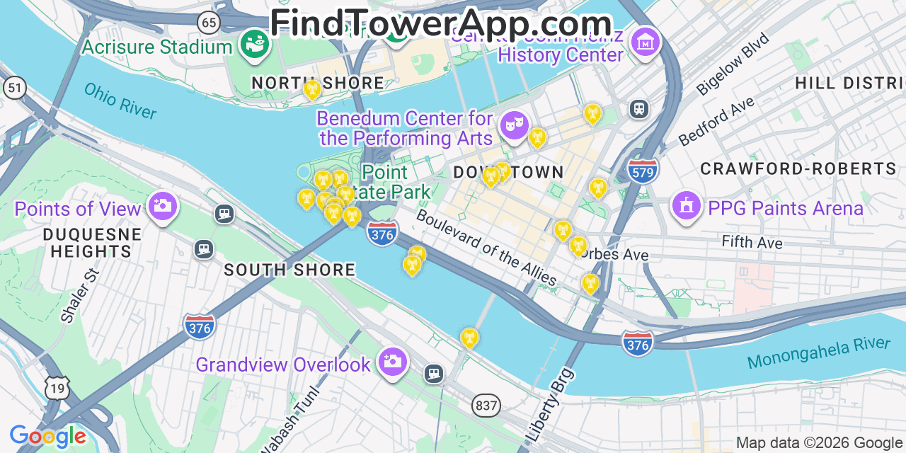 Map showing the 20 primary cell tower locations detected in Pittsburgh, Pennsylvania from AT&T, Verizon, and T-Mobile networks