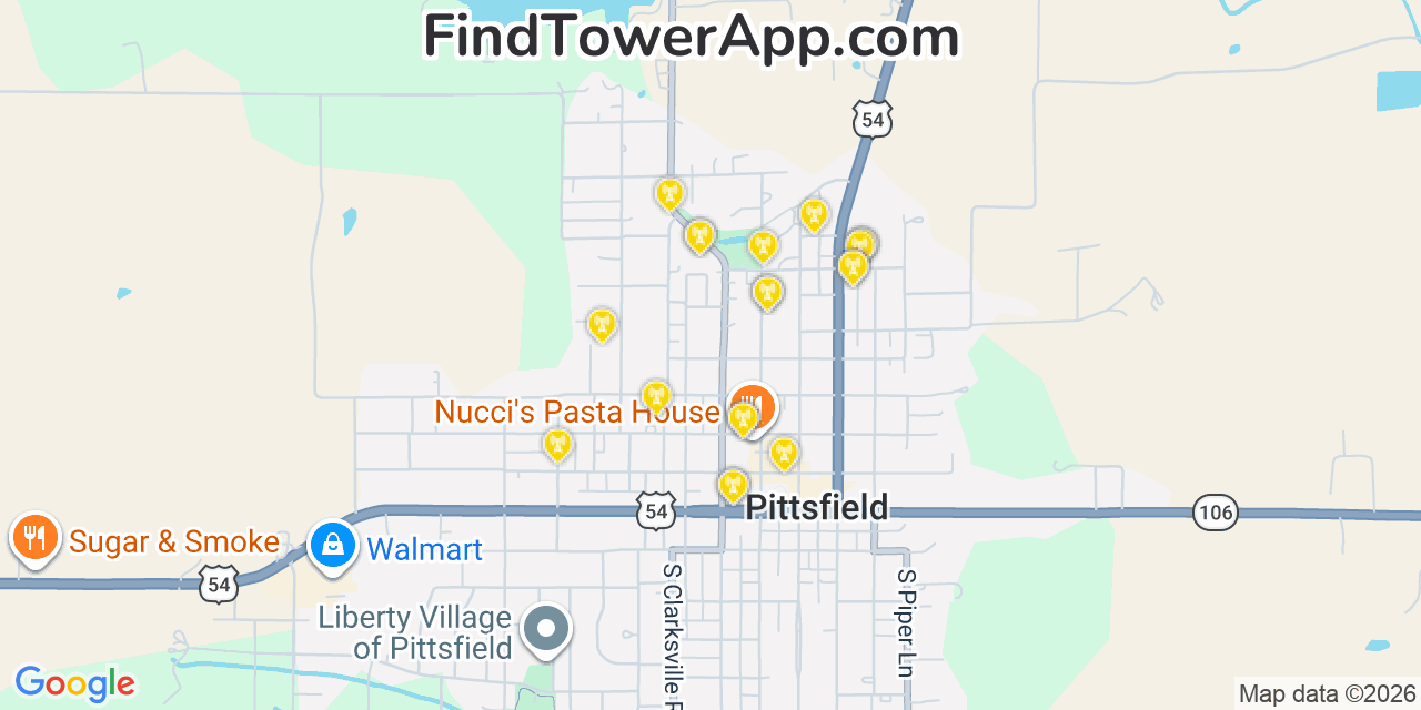 Map showing the 20 primary cell tower locations detected in Pittsfield, Illinois from AT&T, Verizon, and T-Mobile networks