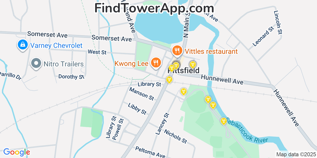 Map showing the 20 primary cell tower locations detected in Pittsfield, Maine from AT&T, Verizon, and T-Mobile networks