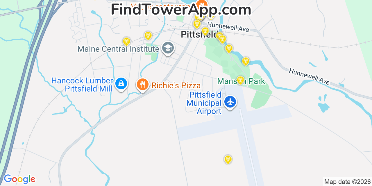 Map showing the 20 primary cell tower locations detected in Pittsfield, Maine from AT&T, Verizon, and T-Mobile networks